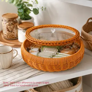 Handwoven Rattan Storage Basket with Clear Lid | Wicker Organizer Bowl for Snacks, Towels, Fruit & Farmhouse Home Decor organization multipurpose