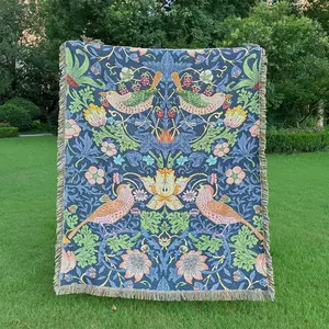 William Morris Pattern Tassel Throw Blanket, Boho Style Woven Blanket, Soft Comfortable Throw Blanket for Home Office Outdoor Camping