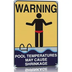 Pool Temperatures May Cause Shrinkage 12x8 Inch Aluminum Metal Sign - Funny Pool & Spa Wall Decor for Backyard, Hot Tub, and Beach House - Humorous Tin Sign Gift for Pool Owners & Summer Party Hosts