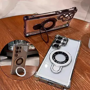 Fashion Luxury DIY Sticky Magnetic Holder Clear Soft Phone Case for Magsafe Samsung S26 S25 Ultra S24 FE S25Plus S23Ultra S23 S22Plus S22 with Four Corners Thicken Cushion Lens Protection & Kickstand Black Shockproof Cellphone Cover