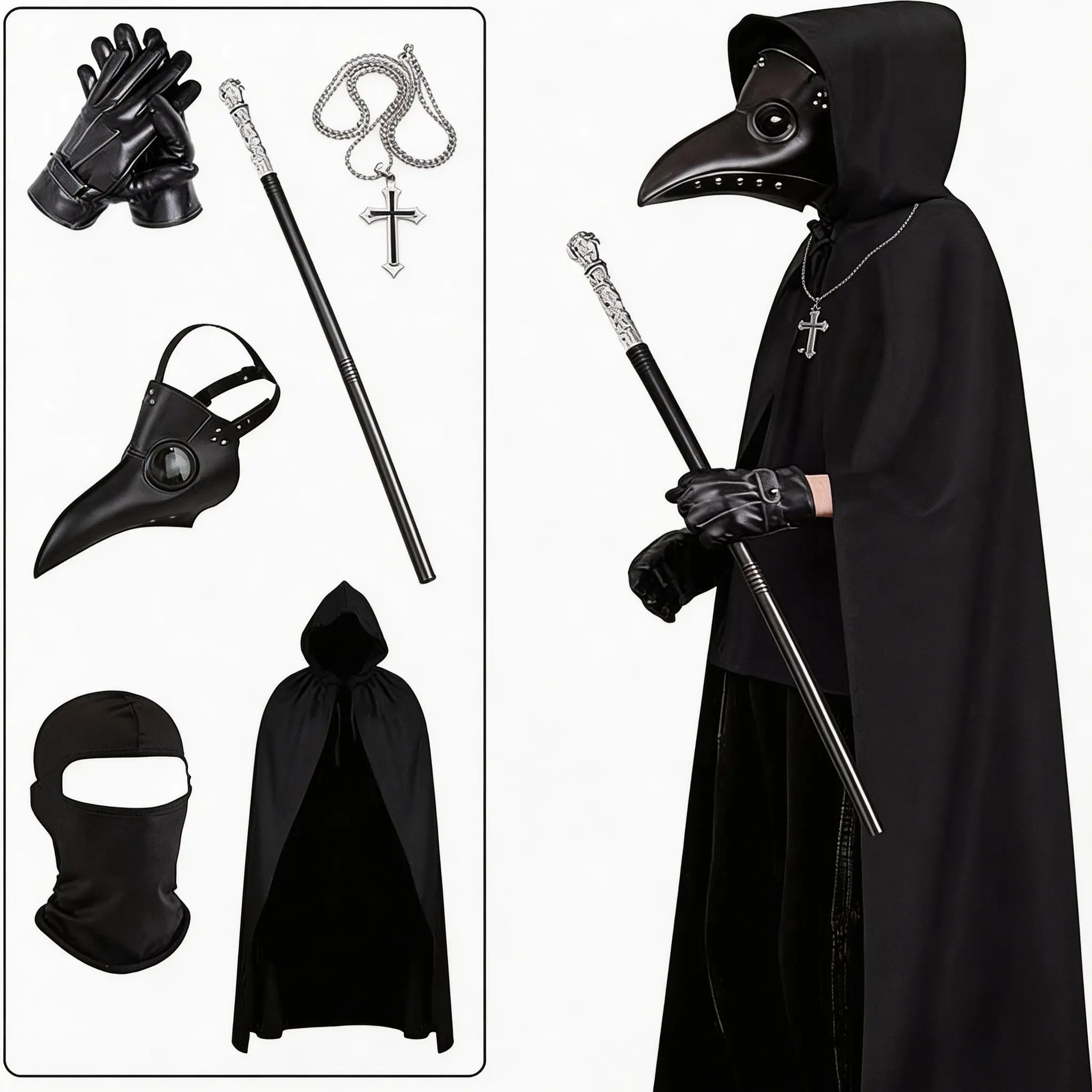 Steampunk Halloween Plague Doctor Mask Set, Horror Scary Costume Props Party Dance Gift Kit, Unisex Kids (6 Piece)