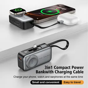 Domars 5000mAh Power Bank, 3-in-1 Capsule Charger with USB-C/Double Type-C Ports, i Watch Magnetic Charging, Built-in Stand Portable Charger for iPhone 17/16/15 and Type-C Devices