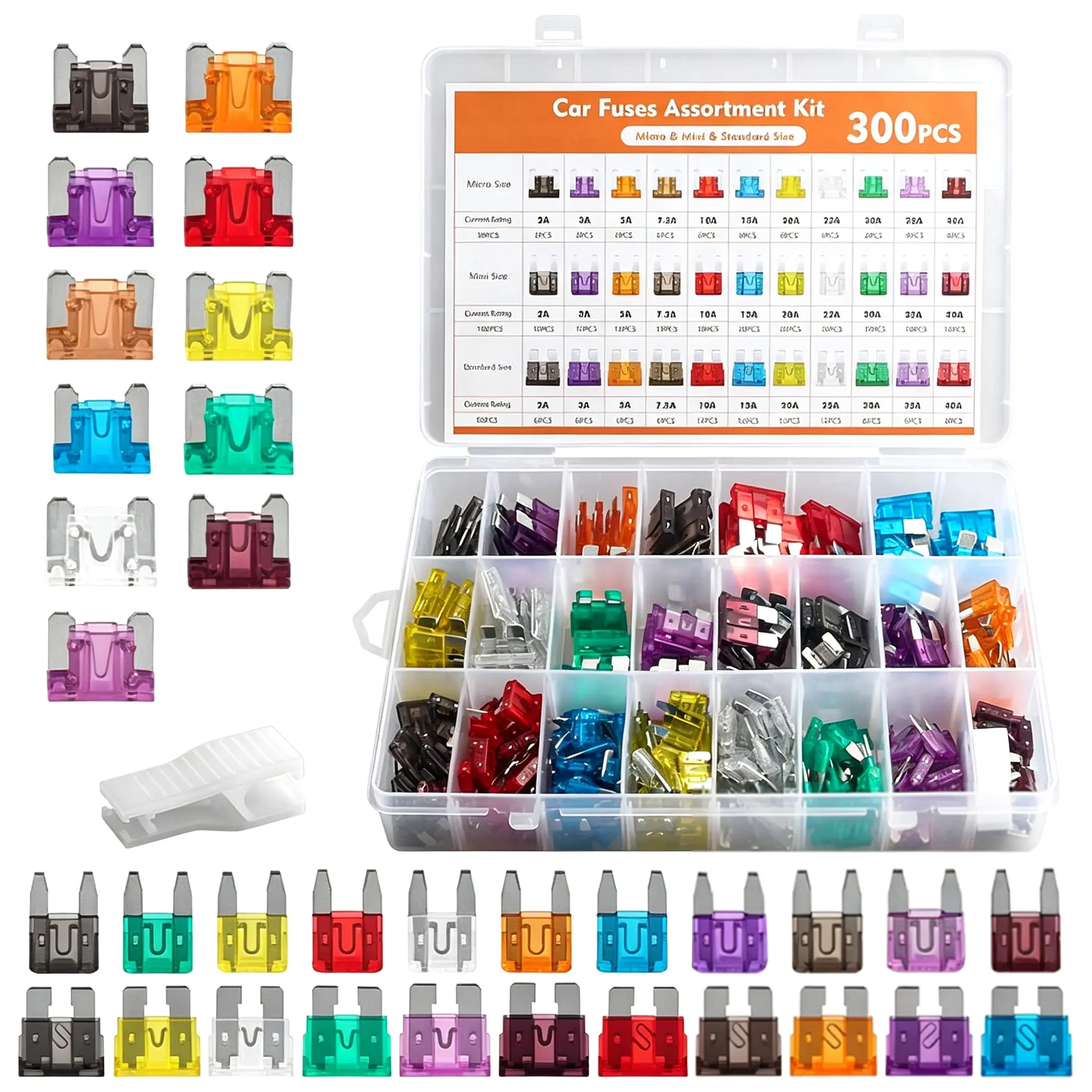 300Pcs Automotive Blade Fuse Assortment Kit, 50 Micro + 160 Mini + 90 Standard Car Fuses with Fuse Puller, 2A 3A 5A 7.5A 10A 15A 20A 25A 30A 35A 40A Color Coded Replacement Fuses for Car RV Truck Motorcycle Boat