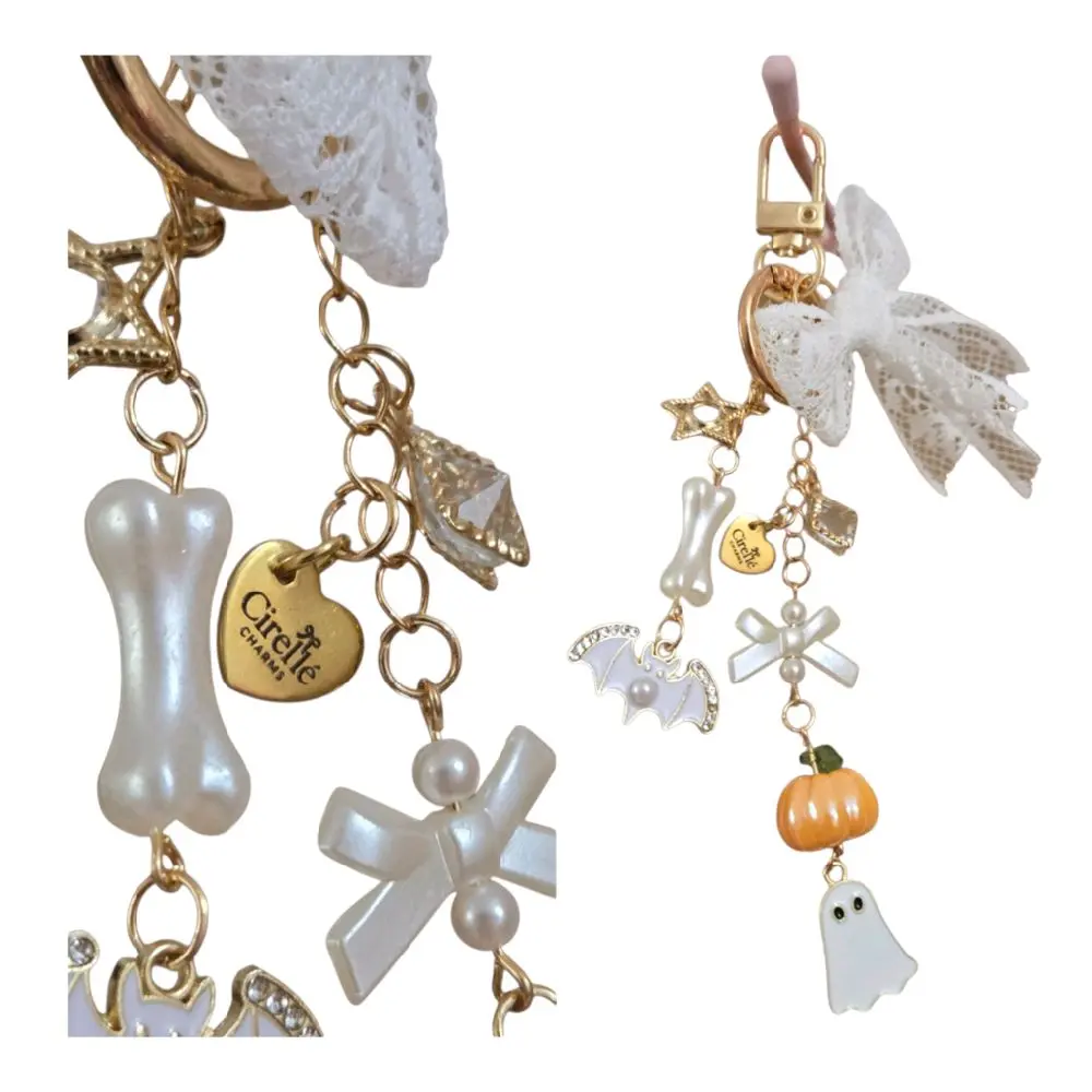 Halloween Keychain: Handmade Coquette Bag Charm with Lace and Gold Bow