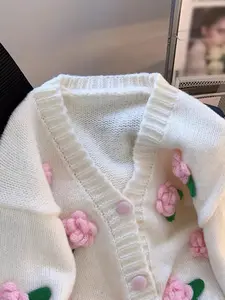 Autumn Winter New Sweet Gentle Knit Cardigan Women, V Neck Single Button Flower Crochet Cream Loose Sweater Coat Knitwear