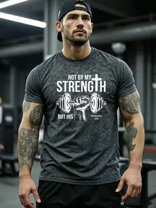 Vintage Wash Heather Gray Barbell Print T-Shirt - Ultra-Soft Moisture-Wicking Gym Tee, Multi-Use Athleisure Top for Lifting, Jogging, Camping, Streetwear, and Everyday Casual Outfits for Men  Fitness T-Shirt