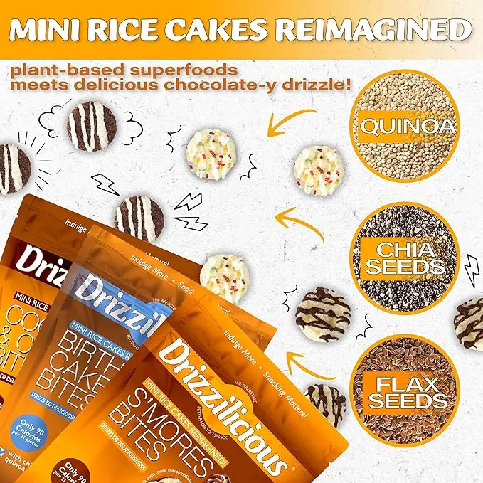 12 Pack - Drizzilicious Mini Rice Cakes Variety Pack [Cookies & Cream, Birthday Cake, S'mores] 0.74 oz Snack Packs Dessert
