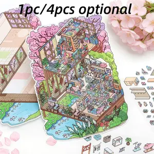 4 Sheets/bag Scene Sticker Pack, Diy Sticker, Decoration Sticker, Adhesive Stickers, Small Corner Series Seasonal Landscape and House Patterns, Perfect for Holiday Birthday Gifts