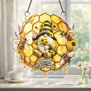 Personalized Grandma Grandkids Bee Happy Gift, Heartfelt Mother Day Gift For Grandma Mom Nana, Custom Grand Kid Name, Stained Glass Suncatcher Ornament