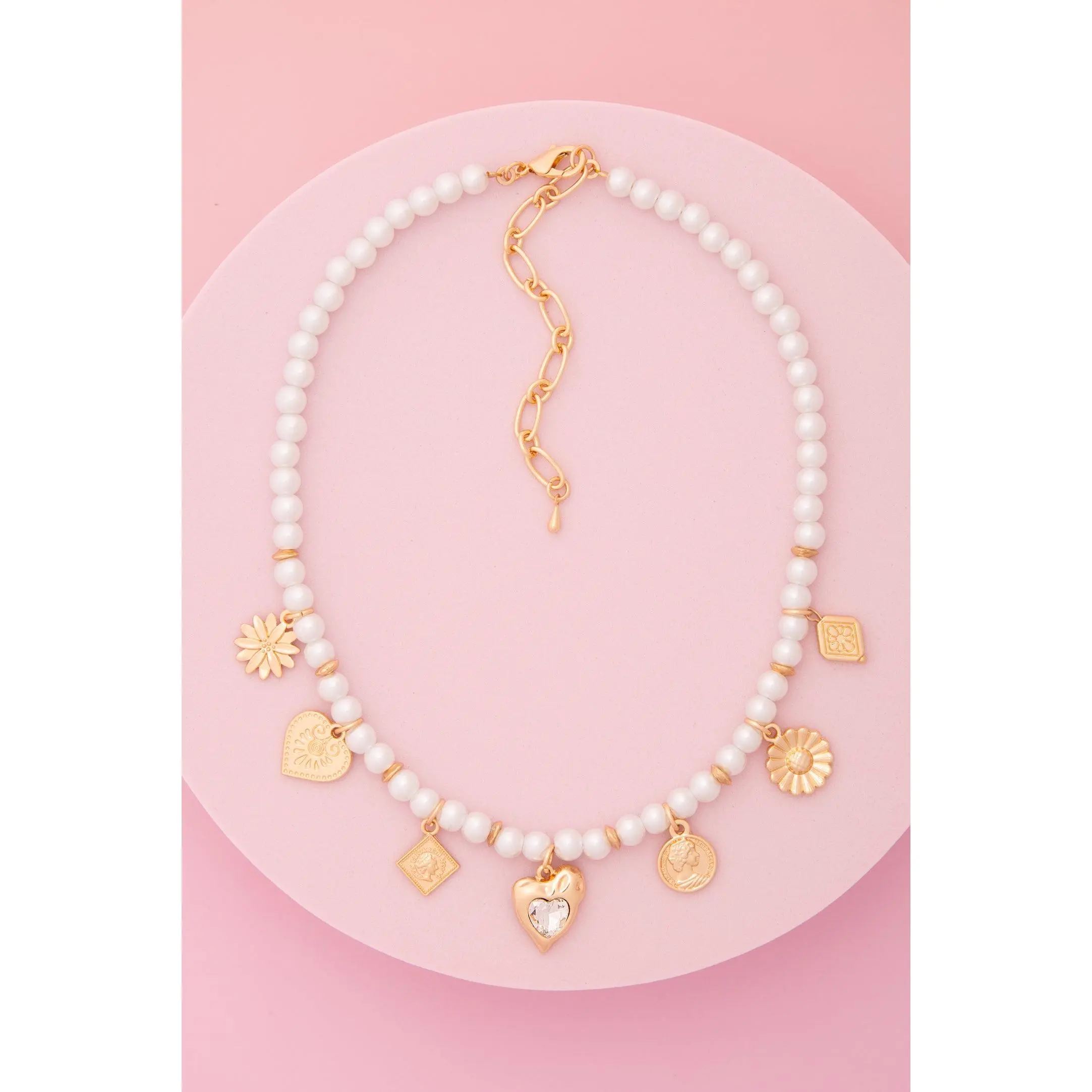 Kim Heirloom Token Theme Pearl Bead Charm Necklace