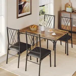 Contemporary 5-Piece Dining Table Set, Rectangular Kitchen Table with 4 Chairs and Bench, Space-Saving Metal & Wood Dinette, Vintage Style Furniture for Dining Room Apartment Breakfast Nook