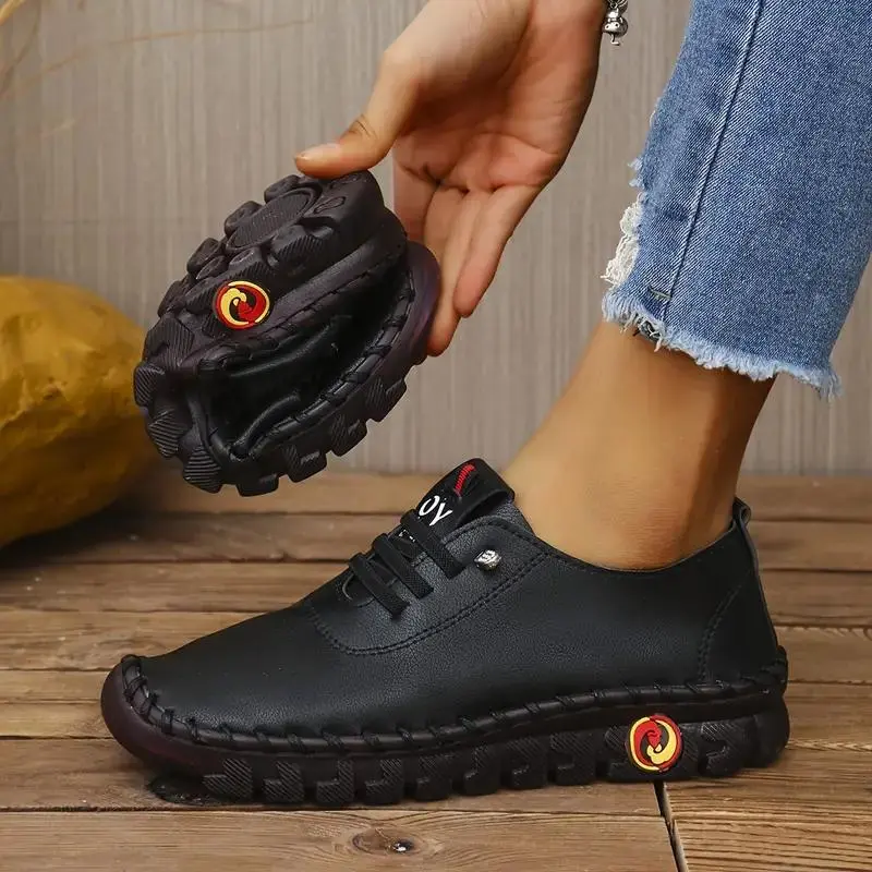 Women's Closed-Toe Lace-Up Leather-Style Casual Trainers - Handcrafted Stitching, All-Day Comfort Footwear, Shoes, Flat Laces Casual Trainers