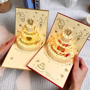 3D Handmade Premium Birthday Greeting Card - Gold Powder Hot Stamping, Built-In Music, Glowing Light Effects - Exquisite Craft Souvenir for Family Gifting (Indoor Recreation)