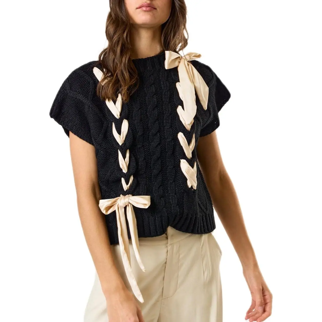 Women Short Sleeve Cable Knit Vest Y2k Coquette Ribbon Bow Chunky Sweater Vest Mock Neck Knitted Shirt Tank Top Black