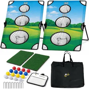 2-in-1 Golf Cornhole Chipping  Set for Adults and  - Foldable Yard  with Targets, Golf Mats, Balls, Stakes - Portable Outdoor Lawn and Backyard Simulator
