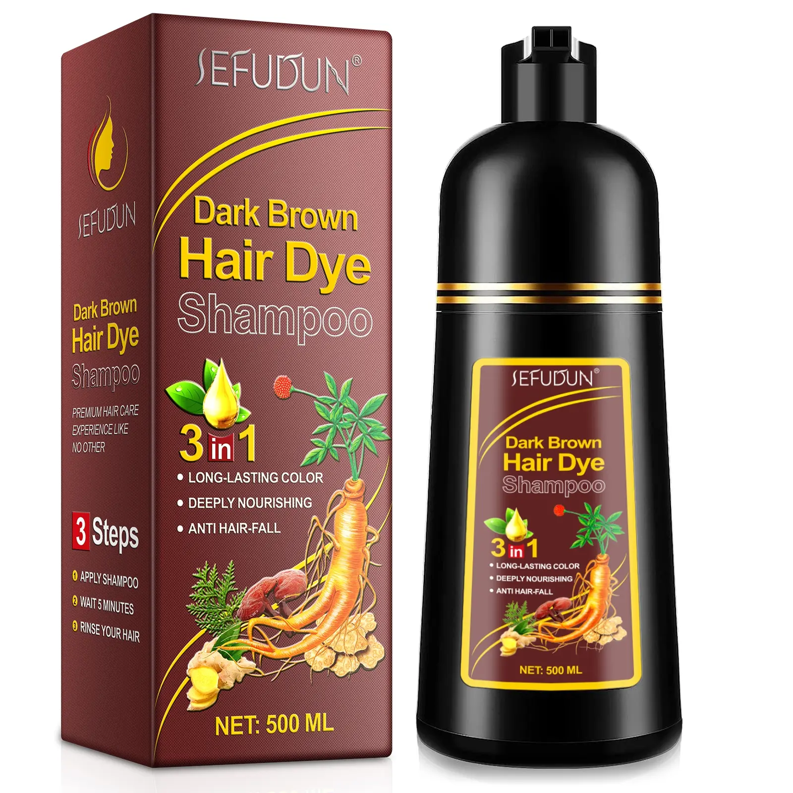 Sefudun 3in1 Dye Shampoo 500ML, Natural Herbal Hair Color Shampoo, Fast Coloring, Suitable for Men and Women