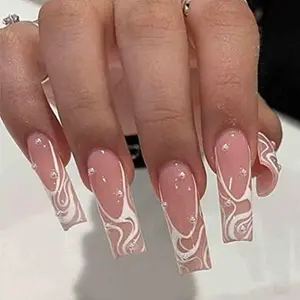 Square Press on Nails Long, Pearl Pink Fake Nails Acrylic False Nails,Artificial Nails for Women and Girls 24 pcs