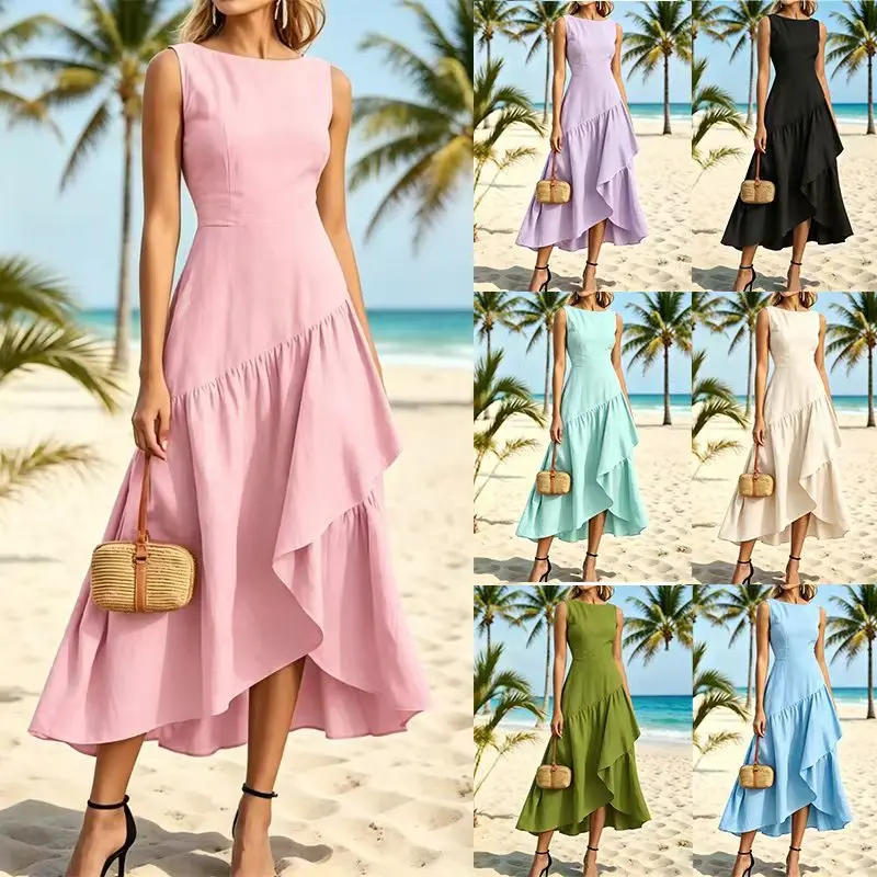 Women Sleeveless Boat Neck Midi Dress, Asymmetrical Ruffle Hem Flowy A Line Dress Casual Summer Vacation Dress