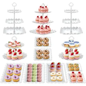 12 count Dessert Table Display Set, Cupcake Stand, 3-Tier Cup Cake Tower Stands & 2-Tiered Cake Holder,   Platters Serving Trays for  Party,  Shower, Bridal, Wedding, Birthday, Plastic