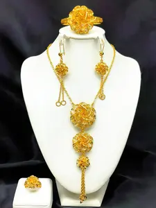 4-Piece African Gold Plated Bridal Jewelry Set, Long Dubai Flower Fringe Necklace Bracelet Ring Earrings, Elegant Party Accessories Gift