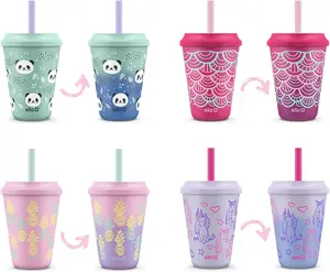 Ello 12oz Kids BPA-Free Plastic Reusable Color Changing Tumbler Set (4-Pack) - Splash-Proof Twist-On Lids, Straws, Dishwasher Safe, Portable Water Bottles for Tea, Travel Drinkware