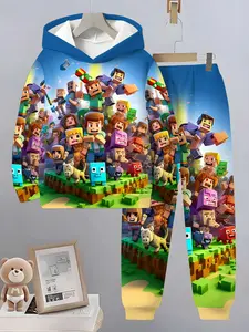 Boys Fashion Cartoon Pattern 3D Printed Casual Hoodie Set, Long Sleeve Sports Wear, Spring Fall Winter Outdoor Hoodies