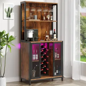 Upgraded Bar Cabinet with Back Panel 65" Tall Wine Bar Cabinet with LED Lights Glass Holder & Adjustable Shelves Liquor Coffee Bar Station for Living Room Microwave Stand Rack Brown
