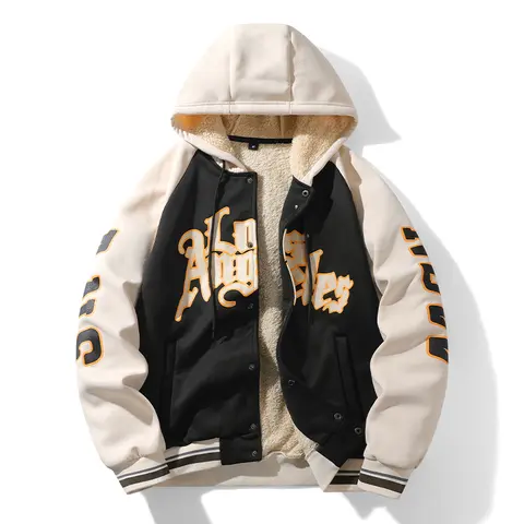 Men's Stylish Vintage Hooded Fleece Baseball Jacket - Autumn Winter Warm Streetwear Clothing, Colorblock, American Brand Letters, Button-Accented Long Sleeve, Drawstring, Fitted, Comfortable, Machine Washable Casual OOTD Menswear Coat