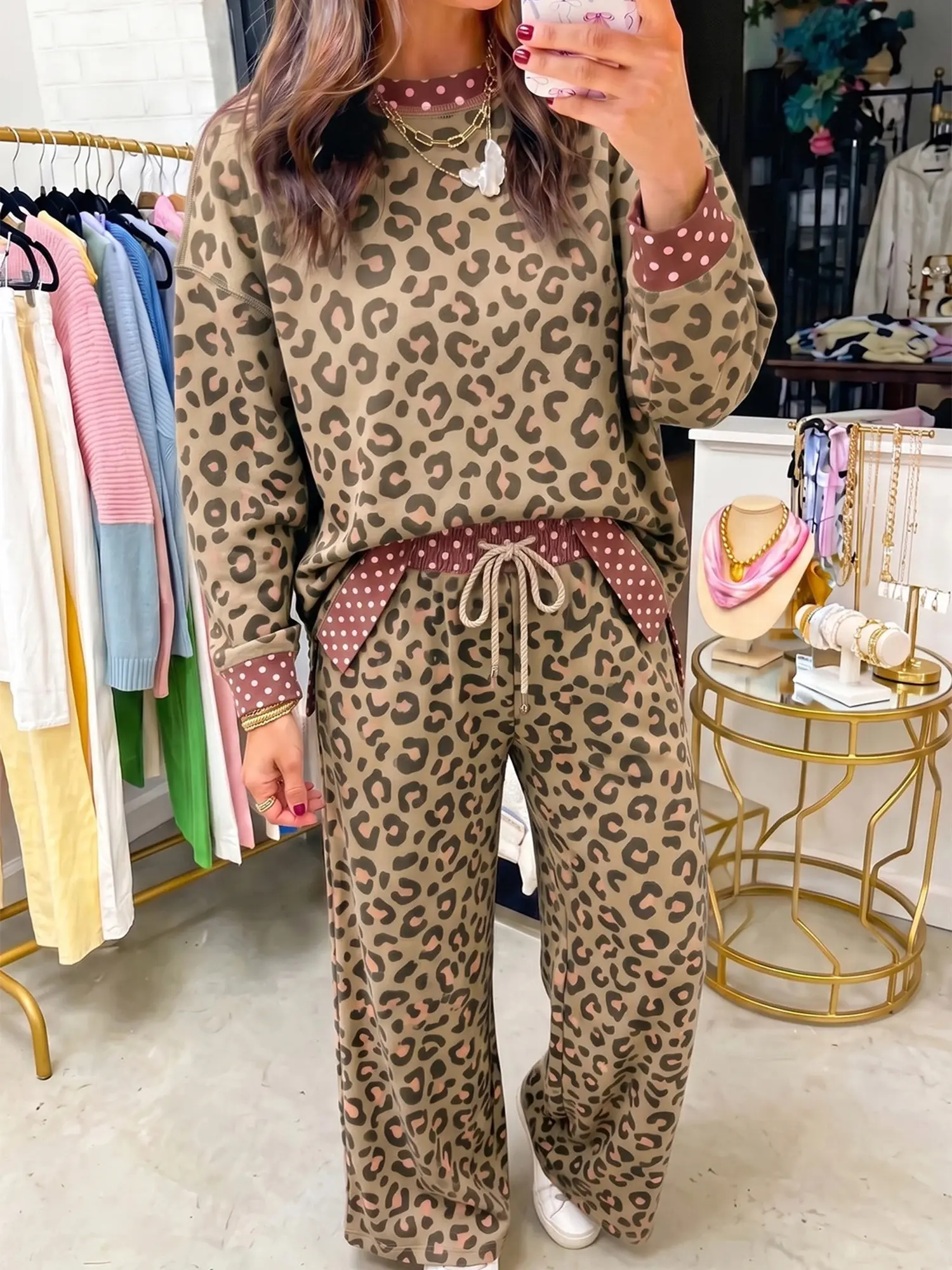 Women’s Leopard Print Two Piece Pants Set, Long Sleeve Crew Neck Pullover and Drawstring Wide Leg Pants with Polka Dot Contrast Trim and Pockets