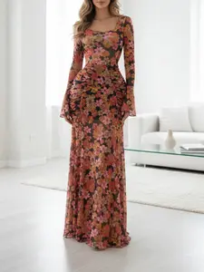 QFAF Vintage Floral Mesh Ruched Maxi Dress for Women – Long Sleeve Sheer Bodycon Dress with Retro Flower Print, Square Neckline, Heavy Side Ruching, Snatched Waist Fit, Curve-Enhancing Silhouette, Elegant Sexy Floral Maxi Dress for Party, Vacation.