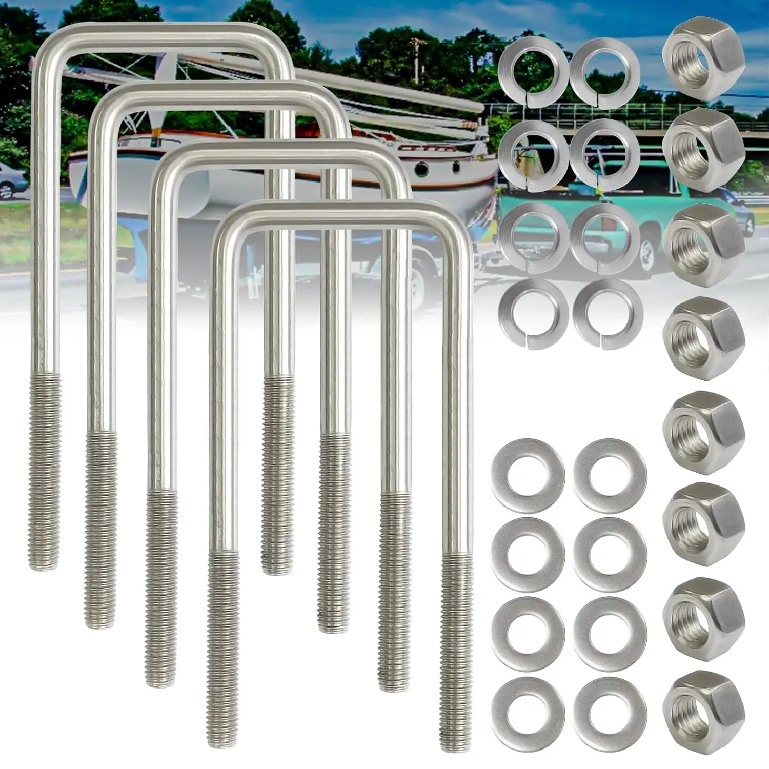4-Pack 304 Stainless Steel Square U-Bolts, 1/2"-13 Thread Size, 1/2" D x 3-1/16" W x 7-5/16" L with Washers & Nuts for Sailboat Trailer Replacement Parts, Square U-Bolt 1/2"-13 Thread Size