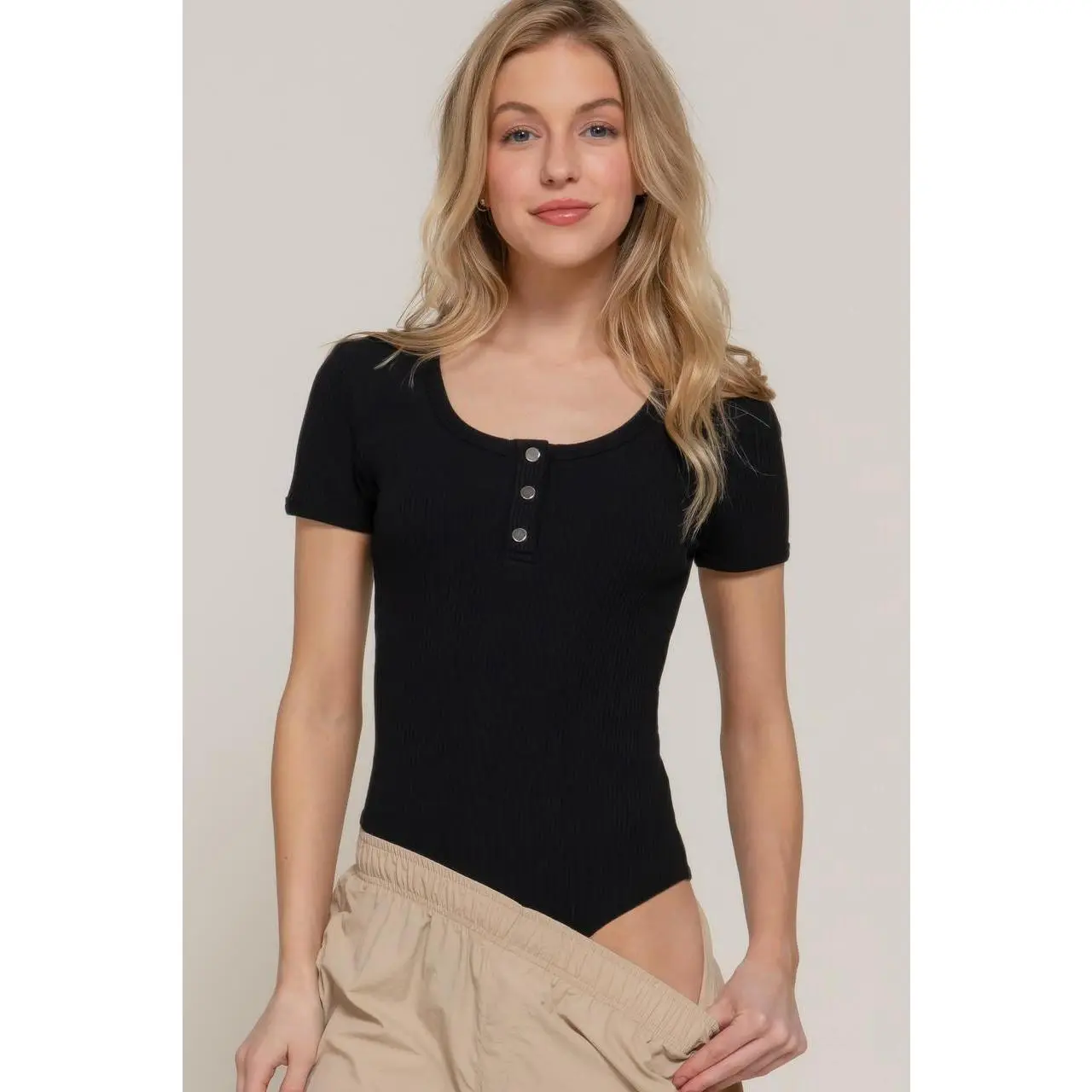 Short Slv Snap Button Rib Bodysuit        -49045