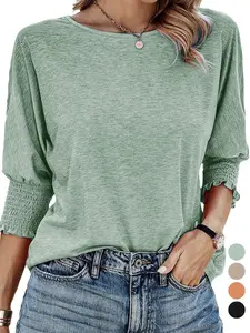 【Plus Size】 Solid Color Loose Fit Bishop Sleeve Shirred Jersey Tee, Casual Everyday 3/4 Sleeve Round Neck T-shirt for Spring Summer Fall , Women's Clothing for Daily Wear, Top, Womenswear
