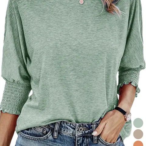 Women's Plus Size Solid Color Loose Fit Bishop Sleeve Shirred Jersey Tee, Basic Casual 3/4 Sleeve Round Neck T-Shirt for Spring, Summer and Fall, Women's Clothing for Daily Wear, Casual Plain Top, Casual Chic Top, Womenswear