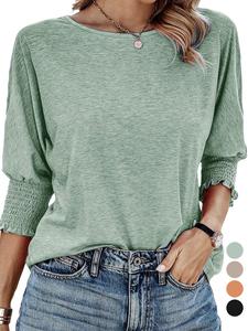 【plus size】 solid color bishop sleeve shirred tee, casual curvy 3/4 sleeve round neck t-shirt for spring summer fall, women's clothing for daily wear, loose fit everyday womenswear