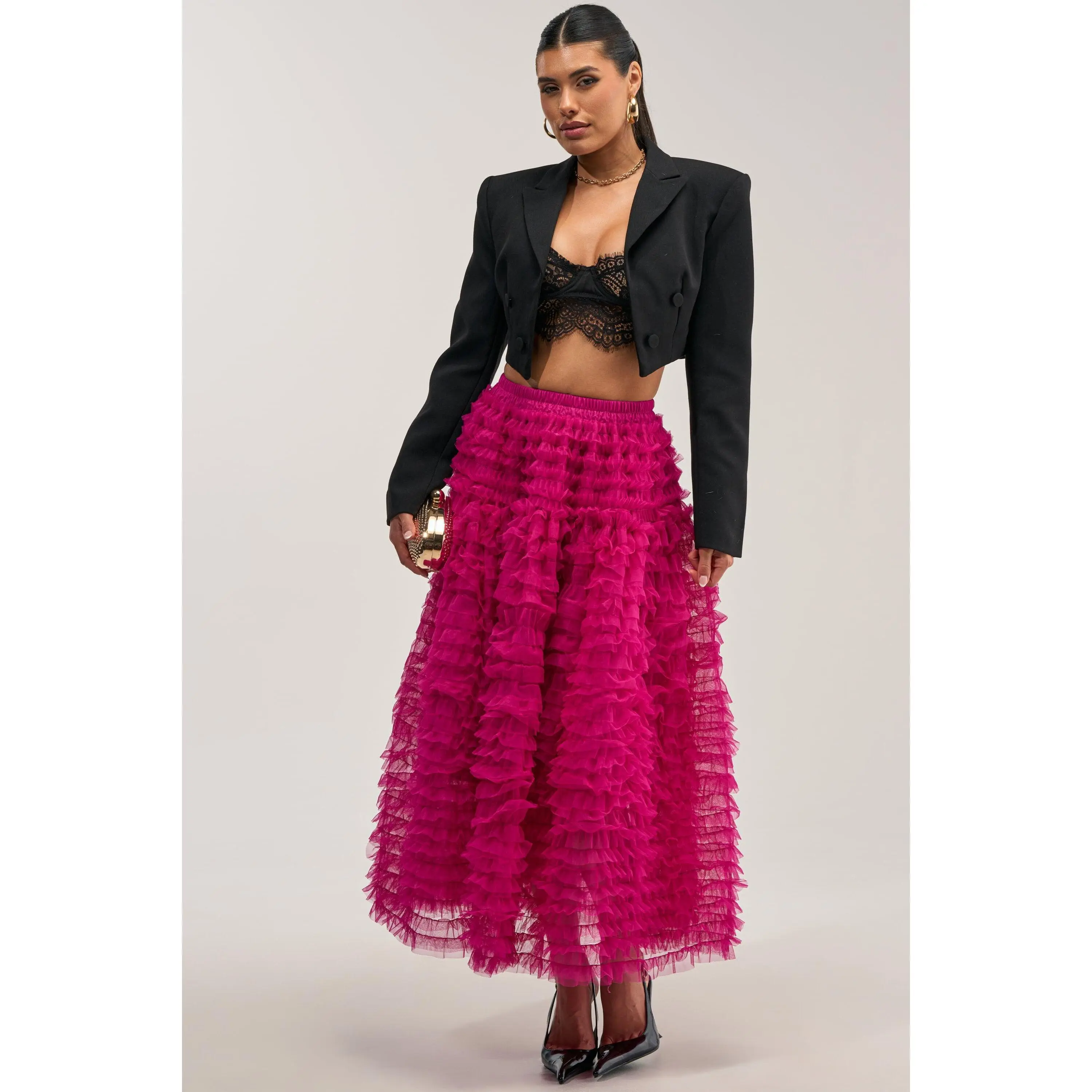 LOVE THE DRAMA MESH MAXI SKIRT IN FUCHSIA