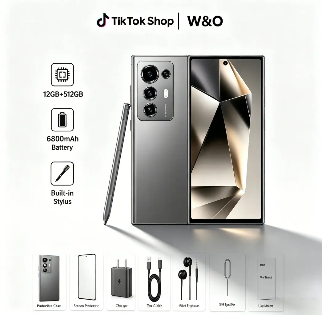 W&O 6.8-Inch HD Streaming Smartphone, 12GB+512GB Storage, 6800mAh All-Day Battery, Retractable Stylus Pen, 50MP Rear Camera, Android 14 Octa-Core, Dual SIM Card, Rear Fingerprint Sensor, Metallic Design, GPS Navigation, Expandable Memory, Gaming Phone