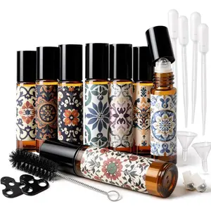 Roller Bottles for Essential Oils Roll  Bottles 8 Pack, 10ml Oil Roller Bottle  Thick Glass Empty with Oil Perfume Lip Gloss DIY Kits Boho Stickers Leak-Proof Refillable for Travel,