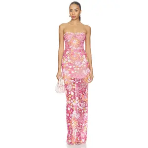 Bronx and Banco Mallorca Sequin Dahlia Strapless Maxi Dress in Pink Multi