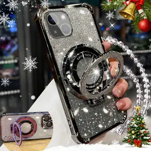 Glitter Ring Holder Phone Case with Chain, Anti-drop Phone Protective Cover, Shockproof Phone Cover, Phone Accessories Compatible with iPhone 16 15 14 13 12 11 Plus Pro Max, Casing