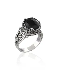 Greek Key Pattern Filigree Art Black Onyx Gemstone Women Silver Cocktail Ring