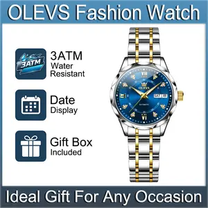 OLEVS 6727 Women's Romantic Analog Automatic Mechanical Watch - 34mm Dual-Tone Gold-Silver Stainless Steel, Blue Dial, Day-Date Display, Luminous Hands, Water-Resistant Fancy Boxed Fashion Dress Watch, Premium Gift