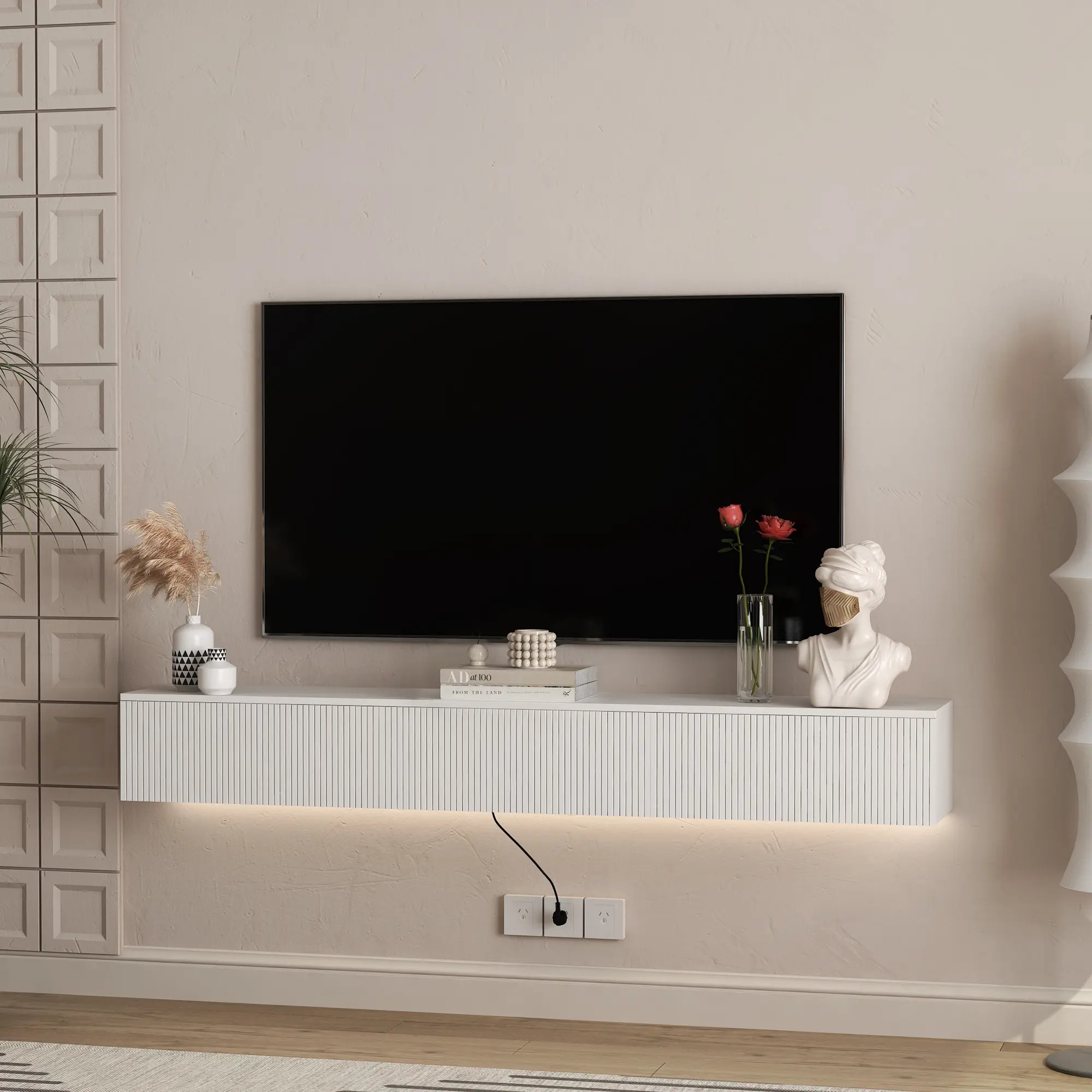 69in Floating TV Stand with LED Lights, Wall Mounted Entertainment Center for 55 60 65 Inch TVs, Modern Gaming Console Table with Storage Shelves for Living Room, White