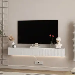 69in Floating TV Stand with LED Lights, Wall Mounted Entertainment Center for 55 60 65 Inch TVs, Modern Gaming Console Table with Storage Shelves for Living Room, White