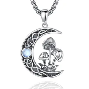Eudora S925 Sliver Witchy Mushroom Crescent Moon Pendant, Mystical Mushroom Necklace with Moonstone, Earthy Boho Jewelry Witchcraft Moon Phases for Women