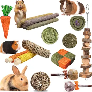 18Pcs Rabbit Chew Toys, Bunny Treats and Ball Timothy Hay Stick Toys for Rabbit Bunny Guinea Pig Chinchilla Hamster Teeth Care Natural Timothy Hay Rabbit Chews