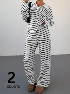 Women's 2-Piece Waffle Stripe Matching Set, Collared Long Sleeve Top & Wide Leg Pants, Soft Textured Casual, Fitted, Knit, All-Season Wear
