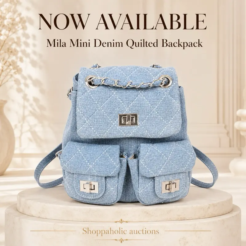 Mila Quilted 2-Pocket Mini Backpack, Denim Fabric with Quilted Look