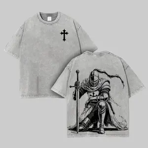 Crusader Templar Knight Graphic T-Shirt Vintage Washed Heavyweight Cotton Oversized Tee Armor Of God Christian Streetwear Medieval Warrior Sword Cross Acid Wash Men Women Faith Gym Shirt Retro Gothic Dark Aesthetic Trending Summer Outfits Gifts