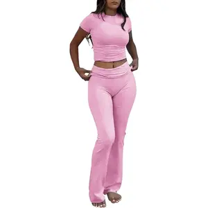Casual Workout Two Piece Outfits for Women Short Sleeve Crop High Waist Foldover Flare Pants Tracksuit Sets StreetwearGift